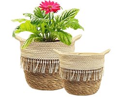 Set van 2 Grote Plantenmanden van Zeegras voor Binnen - Boho Bloempot met Handvatten en Opslagmand