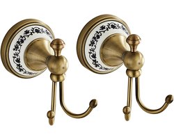 Set van 2 Handdoekhaken met Porseleinen Plaat, Vintage Ontwerp in Antiek Messing voor Badkamer en Hal, Stevige Wandhaken voor Handdoeken en Kleding