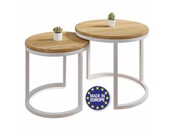 Set van 2 Handgemaakte Salontafels van Massief Eikenhout en Staal - Rond, Ø50x43 cm & Ø40x38 cm - Wit