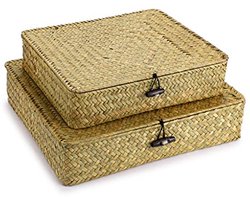 Set van 2 Handgemaakte Zeegras Opbergmanden met Deksel - Natuurlijke Kleur