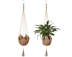 Set van 2 handgeweven hangmanden voor planten - Hangmand voor kamerplanten - Handgeweven hangpot van katoen in bohemian stijl - Bruin