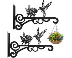 Set van 2 - Hangende mandstandaard - Smeedijzeren plantenhaak - 25 cm - Decoratieve plantenstandaard - voor hangplanten - Vogelkooi - Lantaarn - Windgong - Tuin- en balkondecoratie - Zwart