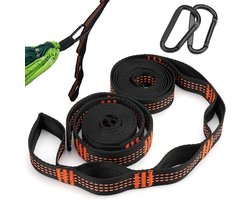 Set van 2 Hangmat Beugels - 2 m x 2.5 cm Touw voor Hangmat - Hangmatten - Ophangen met 2 Carabiner Haken voor Zware Lasten - Bevestigingsriemen met 6 Lussen - Schommelbevestiging voor Kamperen