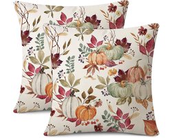 Set van 2 Herfst Kussenhoezen, Decoratieve Kussens voor de Bank, Moderne Kussenhoezen met Pompoen en Esdoornblad (45 x 45 cm) voor Woonkamer en Tuin Decoratie