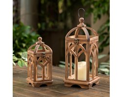Set van 2 Houten Boerderij Lantaarns - Decoratieve Kaarshouders 28cm & 38cm - Rustiek Landhuis Interieurdecoratie
