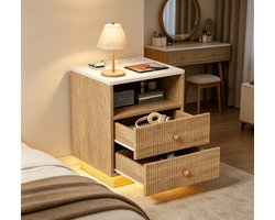 Set van 2 houten nachtkastjes met 7-kleurige LED-sfeerverlichting en oplaadstations, moderne nachtkastjes met lades, bijzettafel met oplaadstation voor de slaapkamer, 44x38x55cm, natuurlijke eikenhouten afwerking