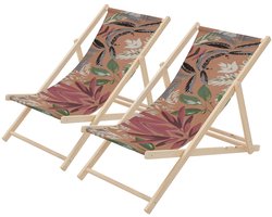 Set van 2 houten tuinligstoelen in gebloemd bruin-rood-groen Opvouwbare strandstoel Strandstoel Ligstoel Relaxligstoel