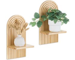 Set van 2 Houten Wandplanken – Boho Wanddecoratie – Zwevende Boog Wandplank – Plantenplank voor aan de Muur – Houten Wanddecoratie voor Planten, Kaarsen en Kleine Accessoires – Natuurlijke Houtkleur