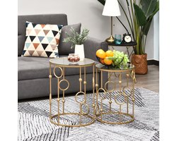Set van 2 in elkaar schuifbare ronde salontafels in art-decostijl- diameter 41 en 36 cm- goudkleurig metaal- blad van 5 mm gehard glas.