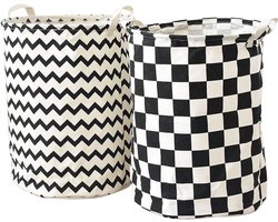 Set van 2 inklapbare ronde Wasmanden - katoen - zwart wit geblokt