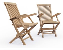 Set van 2 inklapbare teakklapstoelen met armleuningen, gemaakt van teakhout, geschikt voor balkon, tuin, terras en tuinmeubelen.