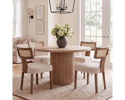 Set van 2 Japandi Eetkamerstoelen Beige – Linnen Gestoffeerde Stoelen met Massief Houten Frame, Rotan & Rugleuning – Scandinavische Bistrostoelen voor Eetkamer, Keuken, Woonkamer & Café