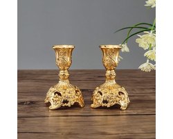 Set van 2 kandelaars kandelaars in goud voor Shabbat-kaarsen, metalen decoratieve kandelaars, vintage kaarsenstandaard tafeldecoratie voor bruiloft woonkamertafel Shabbat, goud