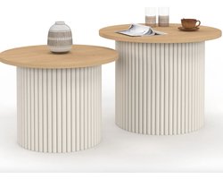 Set van 2 KANEL ronde 40/45 nesting salontafels met beige geribbeld effect en houten blad - Modern Design - Houtlook - Meubel voor Woonkamer - Duurzame Constructie - Luxe Afwerking - Tijdloos Interieur - Geschikt voor Dagelijks Gebruik