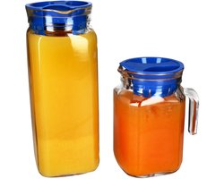 Set van 2 KARO & KORA koelkastkannen 1x 1L & 1x 0,5L gemaakt van glas met blauw plastic deksel - 1x 13109528S & 1x 13110035S