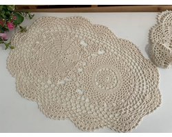 Set van 2 katoenen handgehaakte kanten doilies placemats ovale dressoir sjaals salontafel loper boerderij boho decor (beige)