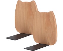 Set van 2 Katvormige Boekensteunen van Beukenhout, Natuurlijk Hout met Zwarte Voet, Schattig Katontwerp voor Bureau en Kinderkamer