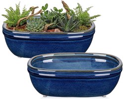 Set van 2 Keramische Bonsai Potten - Bonsai Kom met Coaster en Drainagegaten voor Japanse Bonsai - Binnenplanten Retro Decoratie voor Buiten Tuin Containers, Diameter Opening 24 cm