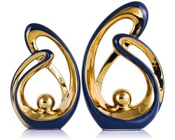 Set van 2 Keramische Decoratiebeelden - Modern Abstract Minimalistisch - Voor Woonkamer Eetkamer Kantoor Salontafel & Plank - Blauw Goud