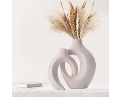 Set van 2 Keramische Vazen - Beige Holle Moderne Vaas voor Scandinavisch Interieur - Boho Bloemenvaas - Decoratie voor Woonkamer, Kantoor, Salontafel