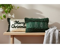 Set van 2 Kerst Kussenhoezen | 30x50 & 35x50 cm | Decoratief | 100% Katoen & polycotton | Kerstbomen & Vrolijk Kerstfeest | Groen & Wit | Wonen | Woonaccessoires | Sierkussenhoes