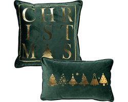 Set van 2 kerst sierkussens - groen en goud - 1x CHRISTMAS - 1xTREES - inclusief polyester vulling - zachte stoffen - sfeerkussens
