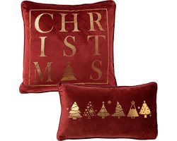 Set van 2 kerst sierkussens - rood en goud - 1x CHRISTMAS - 1x TREES - inclusief polyester vulling - zachte stoffen - sfeerkussens - kerstboom