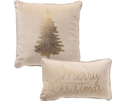 Set van 2 kerst sierkussens - wit en goud - 1x TREE - 1x MERRY CHRISTMAS - inclusief polyester vulling - zachte stoffen - sfeerkussens