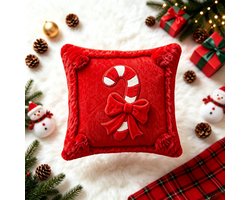 Set van 2 Kerstmis Sierkussenhoezen 45x45 cm, Rood Pluche Kussenhoezen met Geborduurd Snoepstok en Strik, Vierkant Decoratieve Kussenslopen, Feestelijke Kerst Decoratie, Verborgen Rits, Zachte Kussenovertrek voor Bank, Woonkamer en Slaapkamer