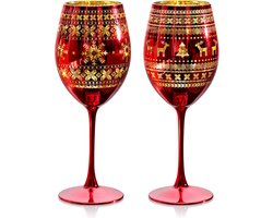 Set van 2 kerstwijnglazen met steel, 580 ml, grote wijnglazen met kerstboommotief en eland en sneeuwvlok, handgemaakt, ideaal voor Kerstmis en geschenken