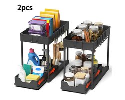 Set van 2 Keukenkast Organizer - Gootsteenkast Organizer met Uitschuifbare Lade - Set van 2 - Zwart