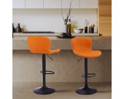 Set van 2 Keukenkrukken Oranje Met Rugleuning En Voetensteun - Draaibaar En in Hoogte Verstelbaar En Modern Kunstleer Design
