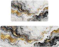 Set van 2 Keukenmatten in Marmerlook - Irregulaire Boho Tapijten voor Badkamer en Keuken, Antislip Loopmat voor Binnen, Ideaal voor Hal en Vloerdecoratie, 43 x 76 x 120 cm in Goud en Zwart