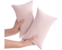 Set van 2 kleine slaapkussens – compact reiskussen van katoen voor volwassenen, kinderen en huisdieren (honden) – geschikt voor nek, pols, onderrug en knie – roze (17,8 x 28 cm)