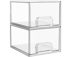 Set van 2 kleine, transparante en stapelbare opberglades — Organizer voor cosmetica in de badkamer; kunststof opbergbakken voor kaptafels, ruimtes onder de wastafel, keukenkastjes en voorraadkasten — Ideaal voor het organiseren van je huis