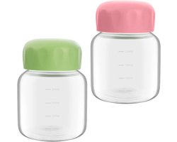 Set van 2 kleine waterflessen, glazen flessen van 300 ml met deksel, lekvrije flessen van helder glas voor sap, schattige flessen met maatverdeling voor sap, melk, vruchtendranken en het bewaren van dranken.