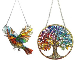 Set van 2 kleurrijke hangende zonnevangers met kolibrie en levensboom-design voor ramen, decoratie voor woonkamer, slaapkamer en tuin, brengt energie en stijl in je huis