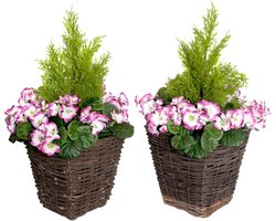 Set van 2 Kunstmatige Patio Plantenbakken met Paarse Geraniums en Ceder Topiary