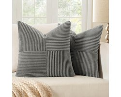Set van 2 Kussenhoezen 50 x 50 cm in Donkergrijs, Boho Stijl, Corduroy Decoratieve Kussens voor de Bank, Moderne Woondecoratie