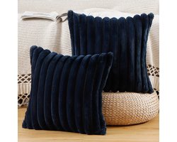 Set van 2 Kussenhoezen - Kunstbont Pluche - Zacht Gestreepte - Voor Sofa en Slaapkamer - Donkerblauw 55 x 55 cm