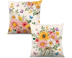Set van 2 Kussenhoezen met Bloemen 40x40cm Decoratieve Kussens voor Sofa en Woonkamer, Polyester Linnen met Tulpen en Vlinders voor Thuisdecoratie