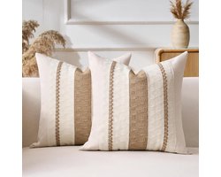 Set van 2 kussenslopen 40x40 cm, bruin, Bohemian stijl, getextureerd met geweven strepen, modern decoratief design voor bank, huis, slaapkamer en woonkamer.