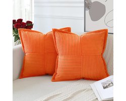 Set van 2 kussenslopen 45x45 cm, oranje, van zacht geribbeld fluweel met kruispatroon, decoratief voor huis, woonkamer, slaapkamer en bank.