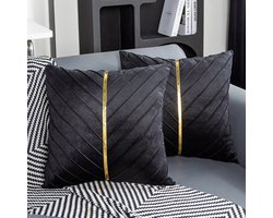 Set van 2 kussenslopen 45x45 cm, zwart fluweel met gouden decoraties, modern design, geschikt voor herfst, bank, slaapkamer, woonkamer en bed.