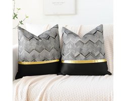 Set van 2 kussenslopen voor bedbank, bank, auto, decoratie, luxe, moderne, minimalistische gouden lederen naden, golvende strepen, vierkante kussensloop, sierkussenslopen 45 x 45 cm (zwart)
