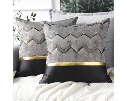 Set van 2 kussenslopen voor bedbank, bank, auto, decoratie, luxe, moderne, minimalistische gouden lederen naden, golvende strepen, vierkante kussensloop, sierkussenslopen 50 x 50 cm (zwart)
