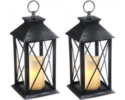 Set van 2 - Landelijke Tuinlantaarn met LED Kaars op Batterijen - Tuinverlichting / Sfeerverlichting - Zwart - Windlicht op Batterijen - Tafellamp voor Buiten met Vlameffect
