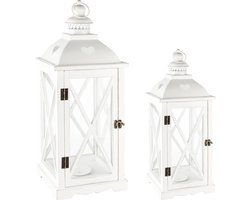 Set van 2 lantaarns / windlichten met hartjes - Wit - 23 x 23 x 59 cm hoog.