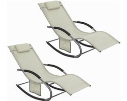 Set van 2 Ligstoelen, Tuinstoel, Schommelstoel met Verstelbare Hoofdsteun, Opbergzak en Voetensteun - Voor Tuin, Balkon, Strand, Buiten, Beige