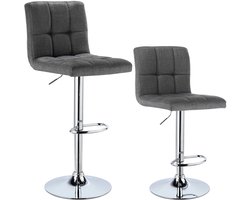 Set van 2 Linnen Barkrukken – In Hoogte Verstelbare Barstoelen met Rugleuning – Chroom Stalen Frame - Gewatteerde Zitting – Hoge Krukken voor Keuken, Bar, Bistro & Eetkamer - Stoelen Donkergrijs